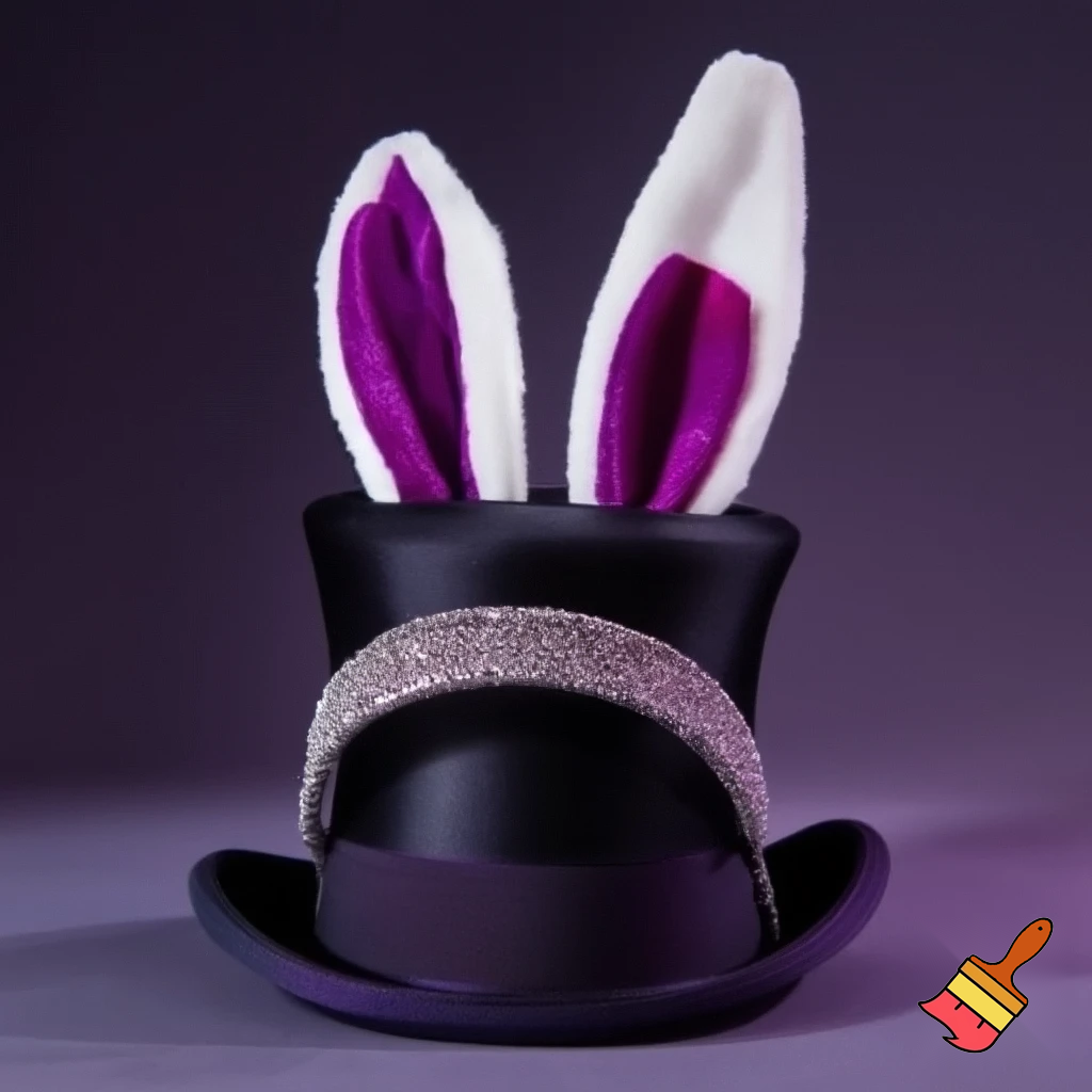Black top hat with bunny ears velvet white and purple purple and white headband fabric and velvet glitter, purple and pink