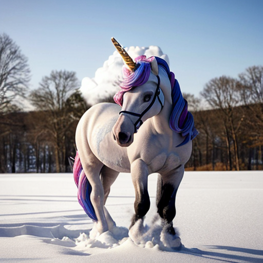 unicorn in a snowy field, photorealistic
