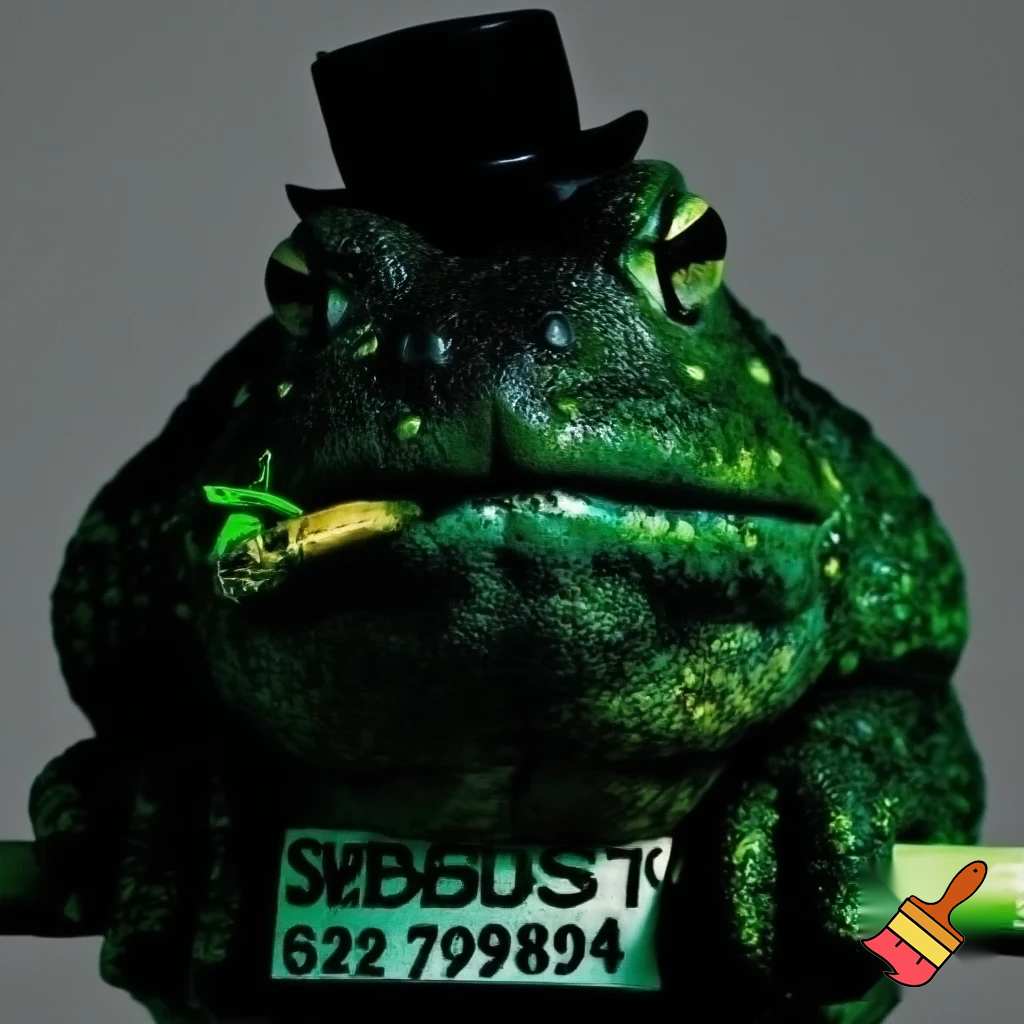 a toad with dark green skin and small little light green glands with a frown smoking sugercane plant with a short tophat in a mughshot  dont make the frog hold the sugercane put it in the toads mouth and make the toad hold a sign saying Cane Toad with the number 659098 and make sure to put in a mughshot