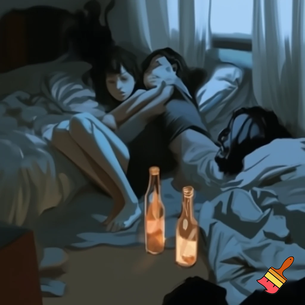2 girls in there bedroom on the floor with 2 bottles of alchol