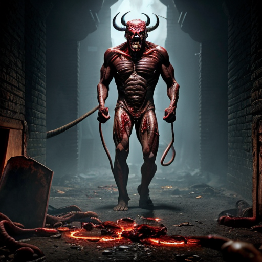 a towering, horned demon with obsidian-black skin stretched taut over corded muscle, its elongated limbs ending in jagged claws slick with fresh gore, standing amidst a cavernous slaughterhouse where dozens of skinned human carcasses hang from rusted hooks, their lifeless faces frozen in eternal screams. The flickering torchlight casts monstrous shadows that writhe across blood-smeared stone walls, illuminating piles of discarded viscera and shattered bones, while the demon's glowing sulfur-yellow eyes fixate on a lone survivor cowering in the corner—their trembling hands clutching a rusted cleaver, reflected in the demon's dripping maw as it grins with jagged, needle-like teeth. The air is thick with the coppery stench of butchery, every detail rendered in sickening realism: the visceral sheen of exposed muscle, the way intestines coil like wet rope across the floor, the subtle steam rising from freshly torn organs. Archaic symbols carved into the demon's flesh pulse with infernal light, casting eerie highlights across the carnage as if the very walls are breathing.