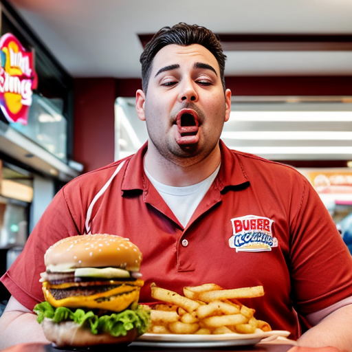 a big burger picking up a human in Burger King, licking his lips as he readies for his feast