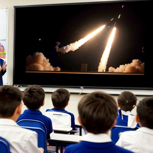 in all boys school
•	The speaker begins 
•	He points toward the students sitting in front of him and smiles.
•	A large screen behind him shows images of rockets launching and students studying in classrooms.
•	The audience begins clapping 
