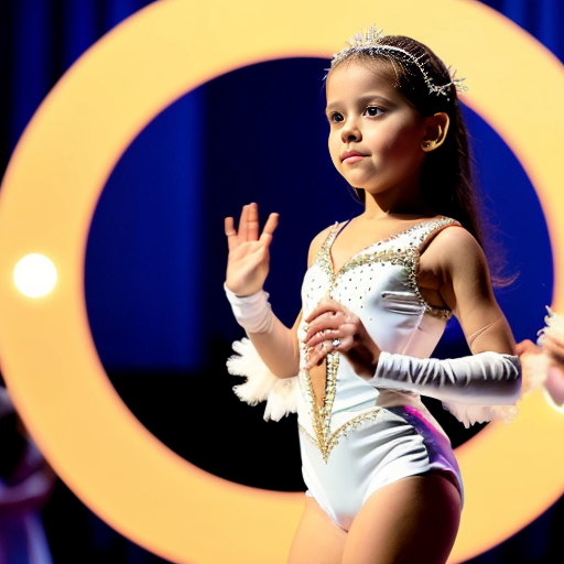 5岁女孩穿白色拉丁舞服，拉丁舞服上布满大号镂空圈