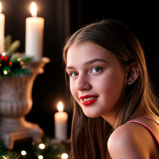 caucasian cute teen girl, skinr, , , seethrou, red lips, full body, b, sideview,, frontview, christmas, cmltoe, opening, nighttime, candles, young,looks at camera, naked