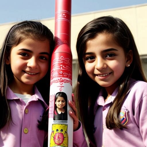 four iranian elementary school girls holding one  6 foot long missile 