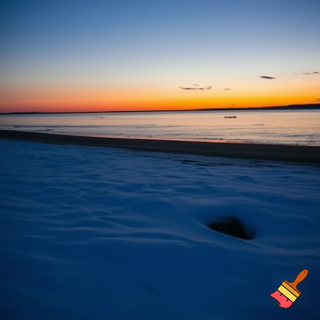 A beach at sunset while it snows