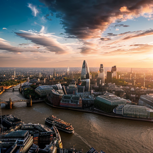make the skyline of london with a sunset and fluying clouds in the sky
