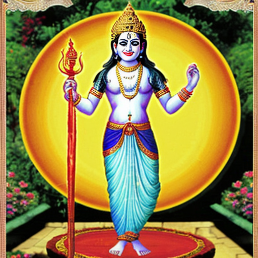 lord Krishna standing in garden with floot and sudharshana Chakra and smiling