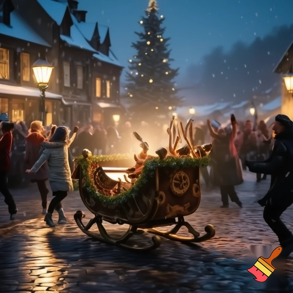 Un traineu  de noël qui vole tout  seu lance de la musique  et tout  le  monde  danse  du village