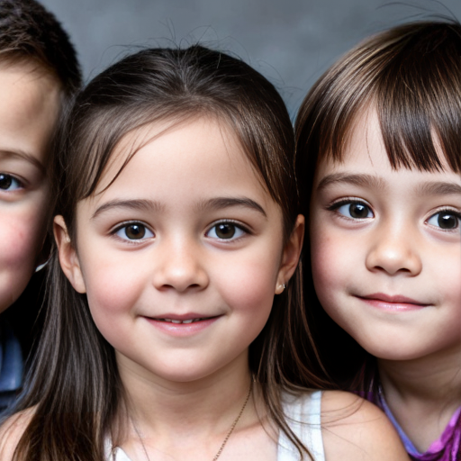 generate a family photo of  6 kids. generate 1 set of triplet boys that are two years old with black hair. generate another set of girl triplets that are 16 with black hair and generate all of them togteher in a family photo 6 kids