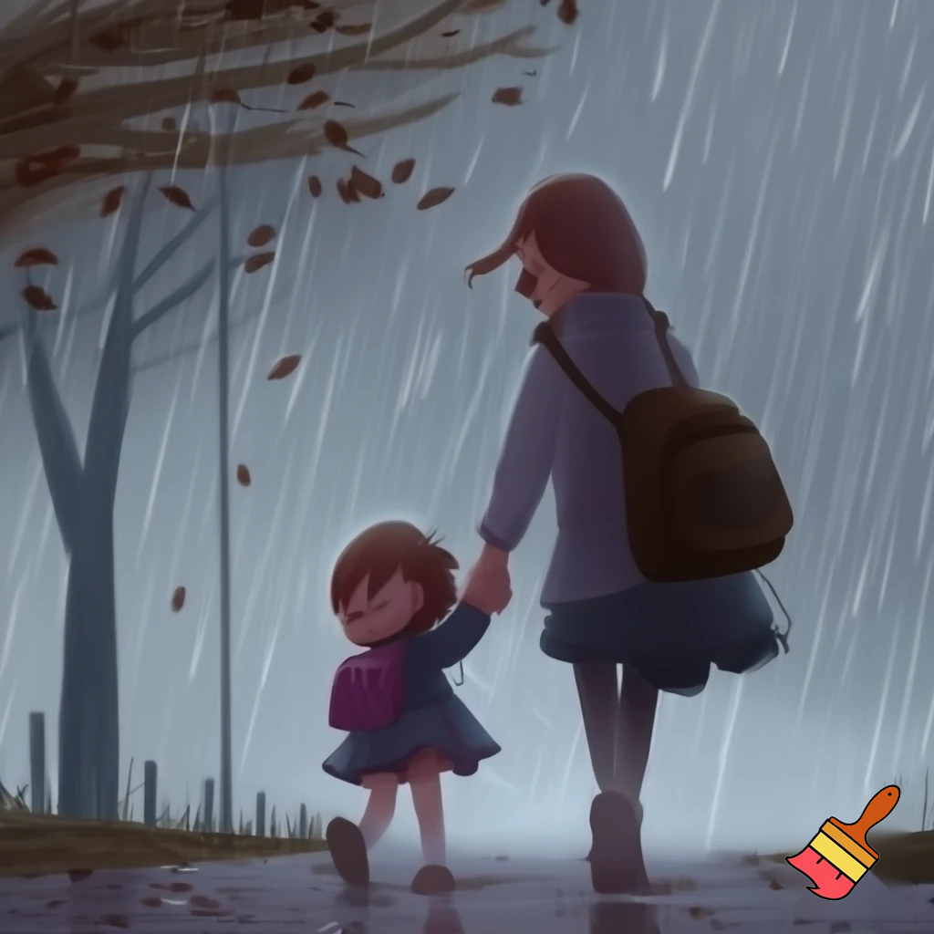 Un copil de mânuța cu mama, cum merge la școală fără chef, pe ploaie și pe vânt.