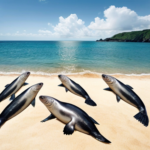 generate me an image of a beach full of happy Neil the seals with unlimited fish as food