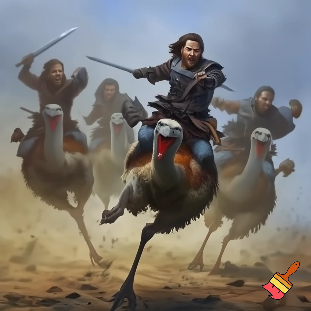four men riding ostriches charging into battle with medieval weapons