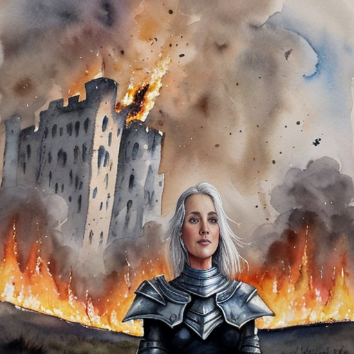 young, tall, white-haired woman in armor stands in front of a burning castle into which meteorites are falling.