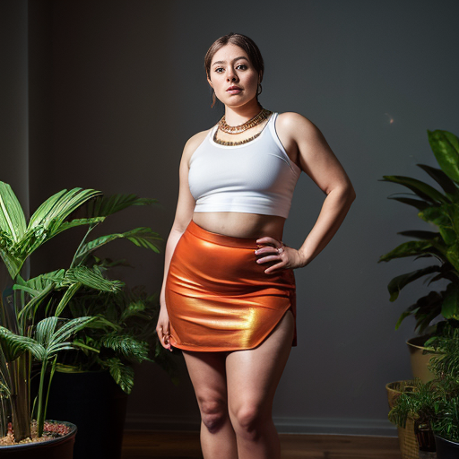 
Scene: A minimalist urban setting with potted plants.
Mood: Provocative and confident.
Expression: Dressed in a red sleeveless deep crop top and long red slit skirt, showcasing her thick thigh with a gold waist chain, the woman poses with one leg raised. She looks directly at the camera with a bold, self-assured gaze. Normal fit curvy girl 