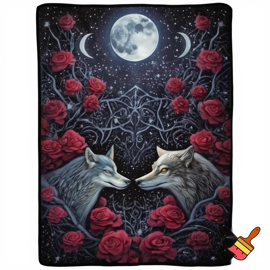 Mystical illustration for a 50x60 inch blanket. Two wolves face each other under a large glowing full moon, rendered in a detailed, dramatic style. Surround the scene with abundant roses, thorny vines, stars, and celestial symbols such as crescents, constellations, and mystical markings. The artwork should fill the entire canvas edge-to-edge with no borders or frames. Composition should feel magical, ethereal, powerful, and richly detailed, suitable for a high-quality blanket print on a solid black background.