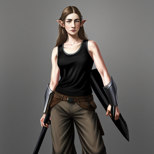 digital painting of an elven androgynous person with pale white skin, long wavy brown hair dressed in all black tank top, wide pants and practical clothing meant for combat (but not armor) mercenary clothing and carrying a a large sword behind