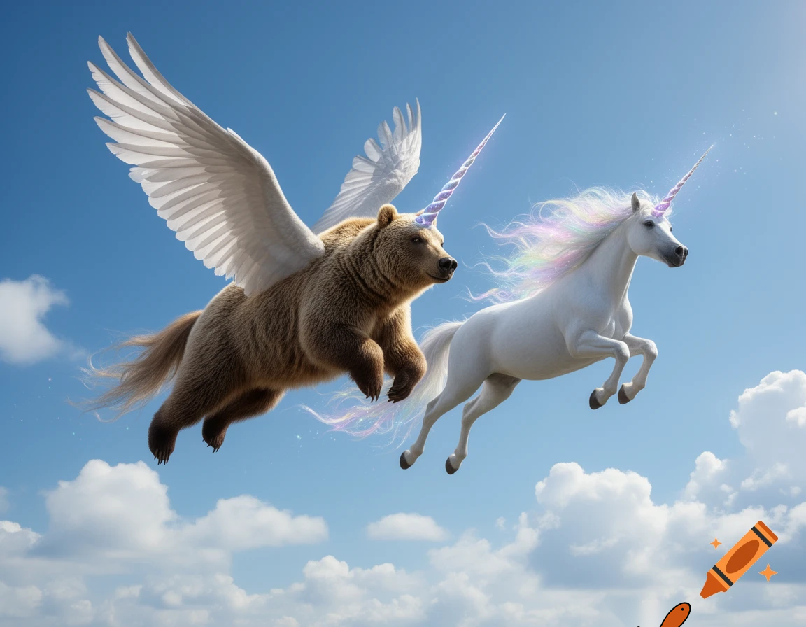 bearicorn flying in the sky with a unicorn together
