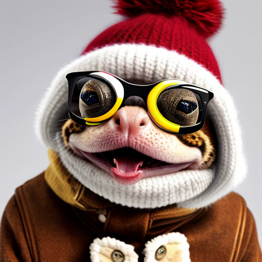 A laughable, puzzled animal toad in woolen, multicoloured winter clothings with woolen, funny winter cap. Hyperrealistic art style.