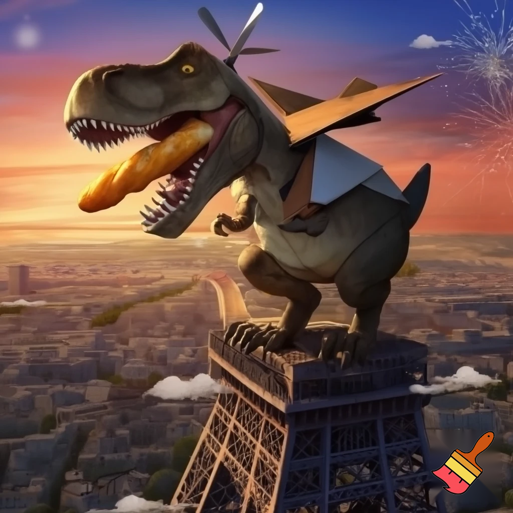 a t rex sitting on the Ifle tower eating a baguette dressed as an aeroplane