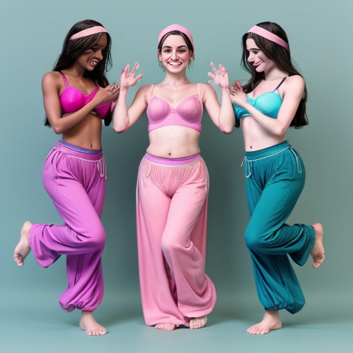 90's disney's 2d aladdin style comic dark blue background and panels of panel 1 anna  with teal harem pants and teal bra and teal  curved slippers with both hand palms place together and hiding the bottom of her mouth with a teal veil wrapped around her arms and attached to her head. 
panel 2 she danced with teal harem pants with teal bra and teal curved slippers and with a teal veil wrapped around her arms and shoulders and raising legs and bounced up and down her belly and shook her hips left and right. 
panel 3 as anna with teal harem pants and teal bra and teal curved slippers and with a teal veil wrapped around her arms and shoulders then spreading her arms, happily revealing her face to the viewer and giving a smile as she turns around shook her belly left and right. 
Panel 4 as anna with teal harem pants and bra and teal curved slippers with a teal veil wrapped around her shoulders and arms started to fading away , except her belly, which is bouncing around. 
Panel 5 then the ball transforms into the fading in belly of blonde haired rapunzel barefoot with pink harem pants and pink bra and pink veil wrapped around her arms and shoulders with her swaying her hips. 
Panel 6 rapunzel barefoot with pink harem pants, pink bra and pink veil wrapped around her arms and shoulders and with her hand palms place together between her chest and she gives a smile and blowing kisses at viewer. 