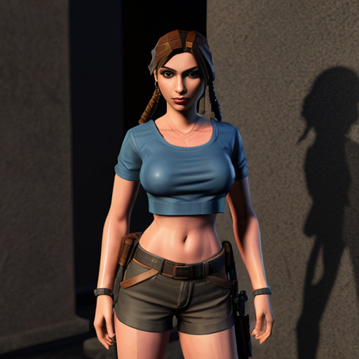 "Low-poly style Lara Croft from Tomb Raider 1 (1996), perfectly recreated triangular breasts with visible polygonal edges and sharp angles, classic blue top and brown shorts, retro 1996 3D character aesthetic mixed with detailed rendering, ponytail, ancient tomb background, cinematic