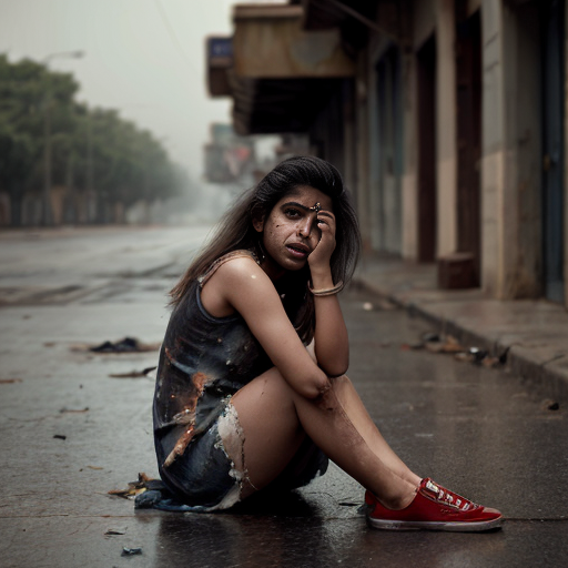 Realistic Disney-style young Indian girl sitting alone on street, old torn dress, messy hair, tears on her face, empty street background, soft overcast cinematic lighting, emotional atmosphere, character-locked, cinematic fantasy feel”