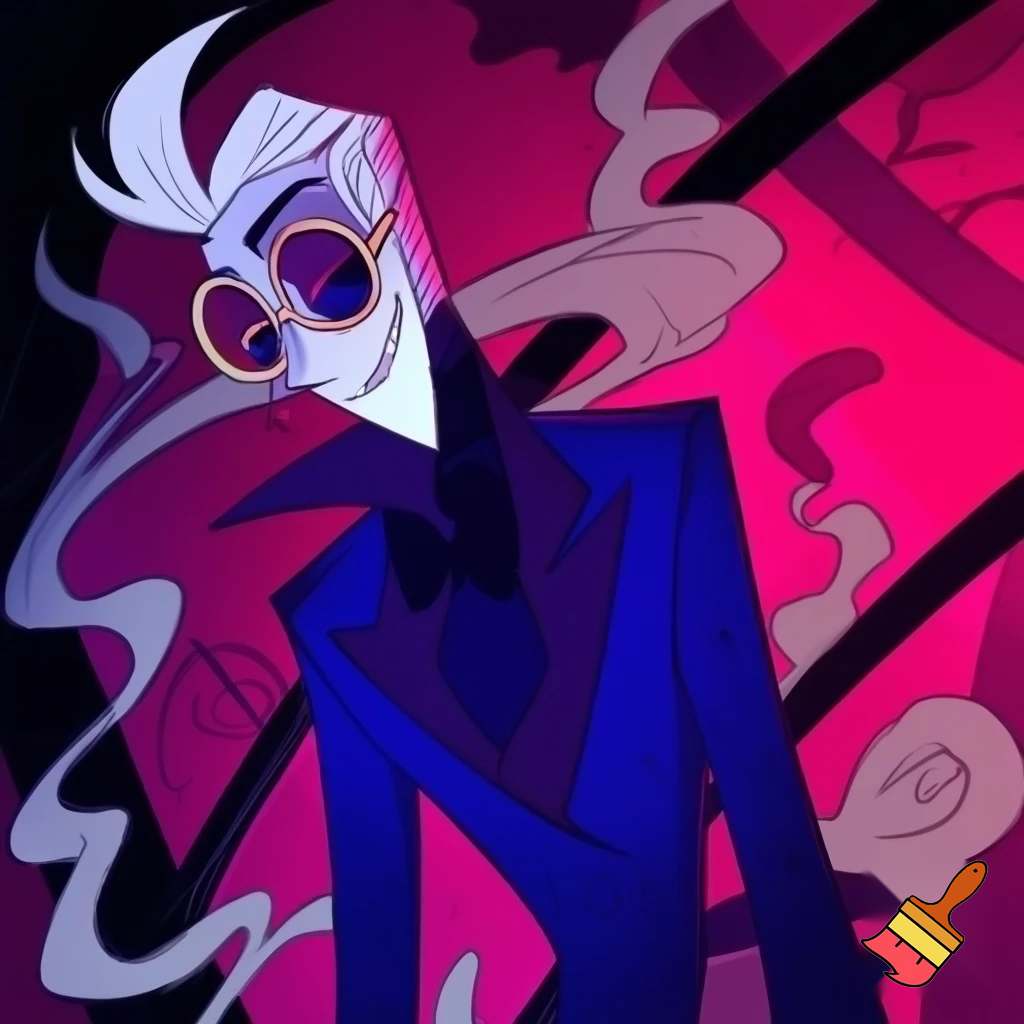 A tall, lean pale man with white hair, distinctive round brass glasses he has a stern look on his face. his face In cartoonish art style of hazbin hotel wearing his signature blue overcoat and smoke curling around him