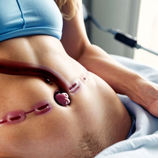 Jennifer Aniston laying in hospital bed legs bent doctor applying sonogram clear gel on belly covered on gel sonogram gel on the lower abdomen, around and below the belly, and doctor's hand with device