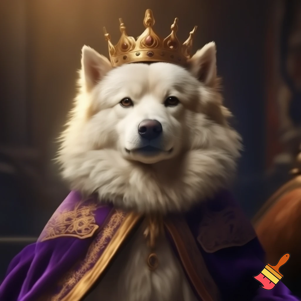  genarate a fluffy dog with a crown and kings robe