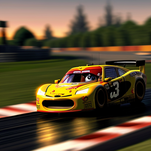 He racing speeding in piston cup dinoco 400 from cars 2006 in night scene stay in character model please 