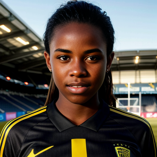 young woman in a mens black soccer jersey with the name Nicholson in gold on it