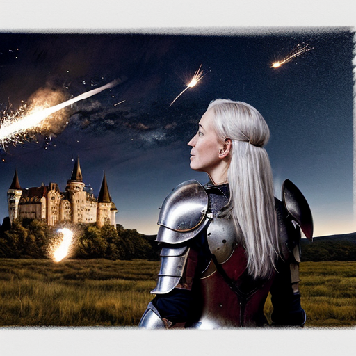 young white-haired woman in armor watches as meteorites fall on her castle