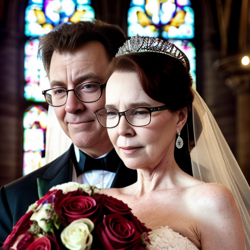 John Goodman y Elizabeth Perkins glasses con corona Flores veil con traje formal elegante boda sensual sexy con holding ramo de flores con altar con iglesia templó católico con foto studio 35