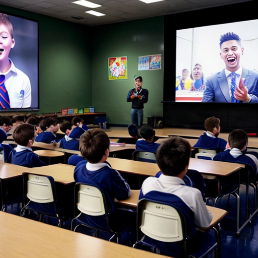 in all boys school
•	The speaker begins 
•	He points toward the students sitting in front of him and smiles.
•	A large screen behind him shows images of rockets launching and students studying in classrooms.
•	The audience begins clapping 
