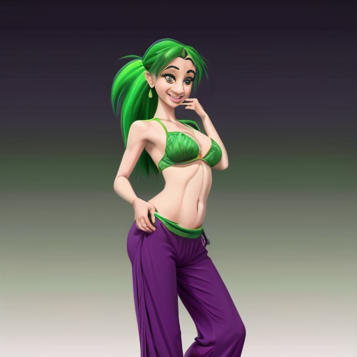 90's disney's 2d aladdin style comic dark black background and panels of 
panel 1 purple haired Ponytail shantae with red harem pants and red bra and red curved slippers with both hand palms place together and hiding the bottom of her mouth with a red veil wrapped around her arms and shoulders. 
panel 2 she danced with red harem pants with red bra and red curved slippers and red veil wrapped around her arms and shoulders and raising legs and bounced up and down her belly and shook her hips left and right. 
panel 3 as Shantae with red harem pants and red bra and curved red slippers spreading her arms, happily revealing her face to the viewer and giving a smile as she turns around shook her butt left and right. Panel 4 as purple haired Ponytail shantae with red harem pants and red bra and red curved slippers started to fading away , except her belly, which is bouncing around. 
Panel 5 then the ball transforms into the fading in belly of green haired Ponytail shantae with light green skin and green harem pants and green bra and green curved slippers and green veil wrapped around her arms and shoulders with her swaying her hips. 
Panel 6 green haired Ponytail shantae with light green skin and purple harem pants and green bra and green curved slippers and green veil wrapped around her arms and shoulders and with her hand palms place together between her chest and she gives a smile and winking her left eye.  