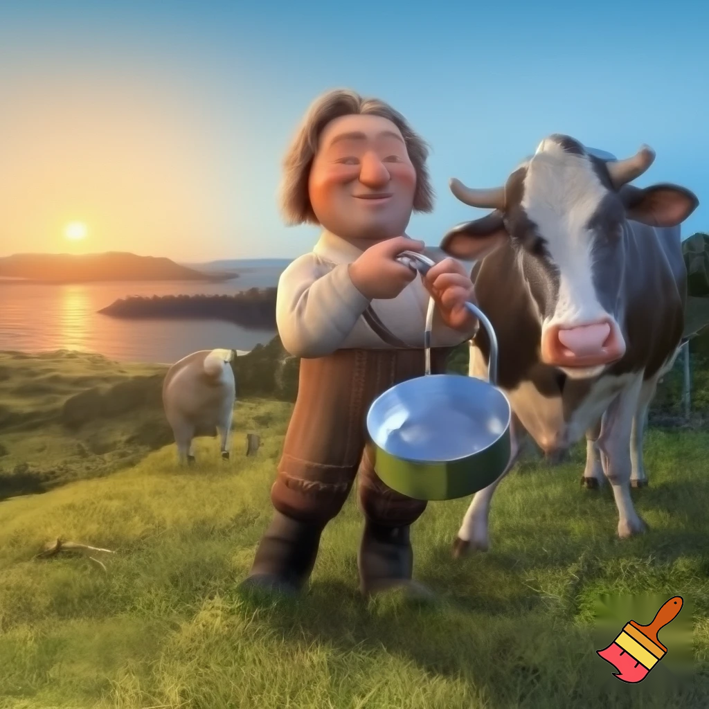 generer et bilde til en reklameplakat, produktet vi skal reklamere for er melkespann laget av vårt firma Nessemaskin. Slagordet vårt er "Litt melk om dagen gjør bra for magen, kjøp vårt melkespann så smiler både mor og mann". Vi vil også få fram at vårt firma er det eneste du kan stole på, spill på nasjonalromantikken og få fram at produktet vårt kan brukes til alt du kan tenke deg, det er bare fantasien som stopper deg. Spill på nasjonalromantikken ved å ha med kyr, fin norsk natur og ei budeie som holder melkespannet
