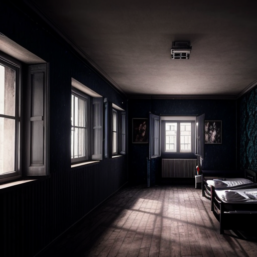 Wide view of boys hostel building, most windows dark, only one room light glowing on upper floor, silent night, suspenseful mood, cinematic horror animation