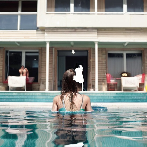 A girl in a pool party now make them turn around touch make them stand on the ground and touch their toes like inside the house make them be inside a kitchen inside the house
