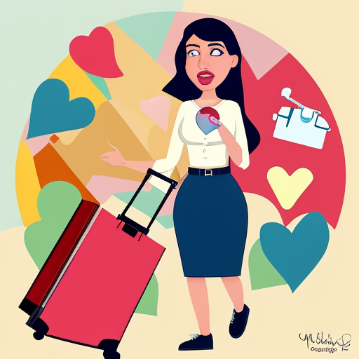 caricatura animada mujer con maleta llena de recuerdos , megafono y un corazon floreciendo