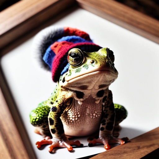 A laughable, puzzled animal toad in woolen, multicoloured winter clothings with woolen winter cap. Hyperrealistic art style.