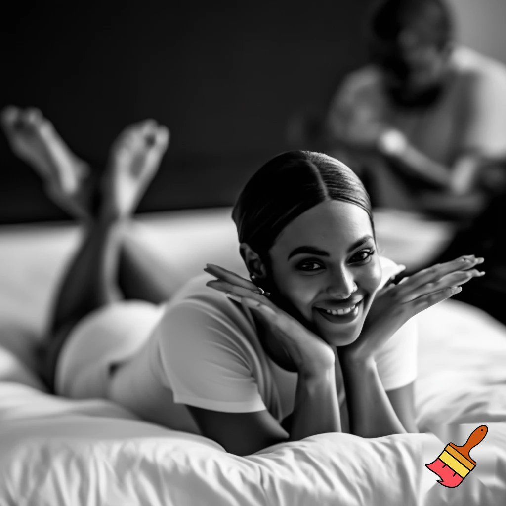 Black and white image of Beyoncé with a brown sleek middle part low back bun wearing a white t shirt laying down on her stomach in bed with her 2 feet up 2 hands on her cheeks smiling and Jay-Z is in the background writing lyrics 