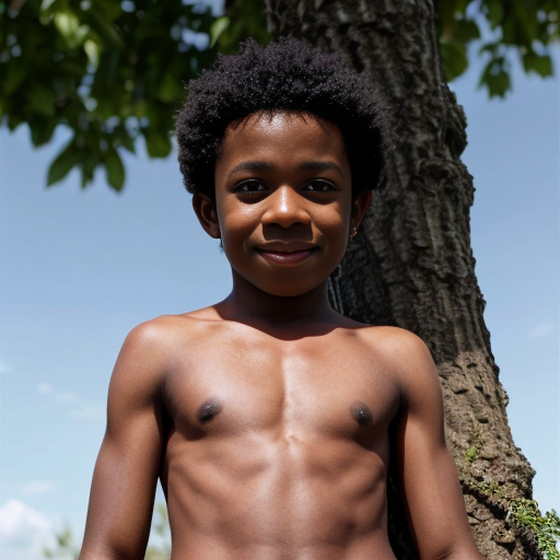 A visibly embarrassed ten year old boy poses outdoors in front of a tree in his briefs. He is black. He is chubby.