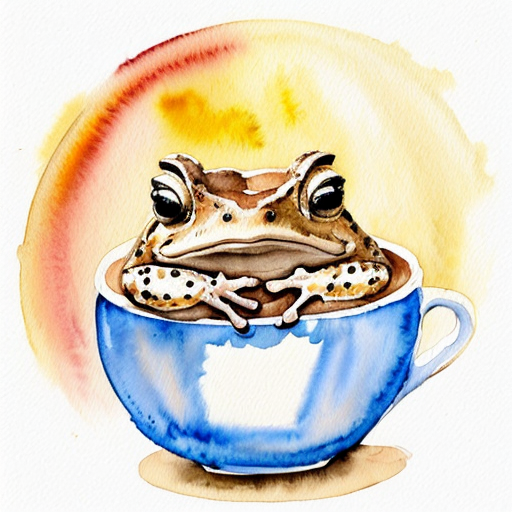 A hillarious, funny boho toad with some hippie colored coffee cups. Psychedelic decorated background.
