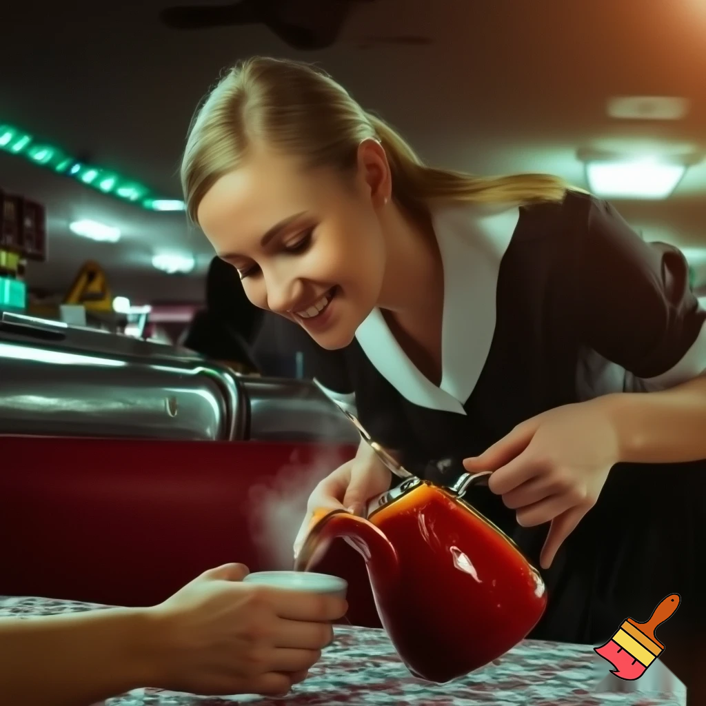 A small roadside diner. A beautiful waitress leans over to pour coffee into a customer's cup at a table. The waitress smiles. Photorealistic. 9x16