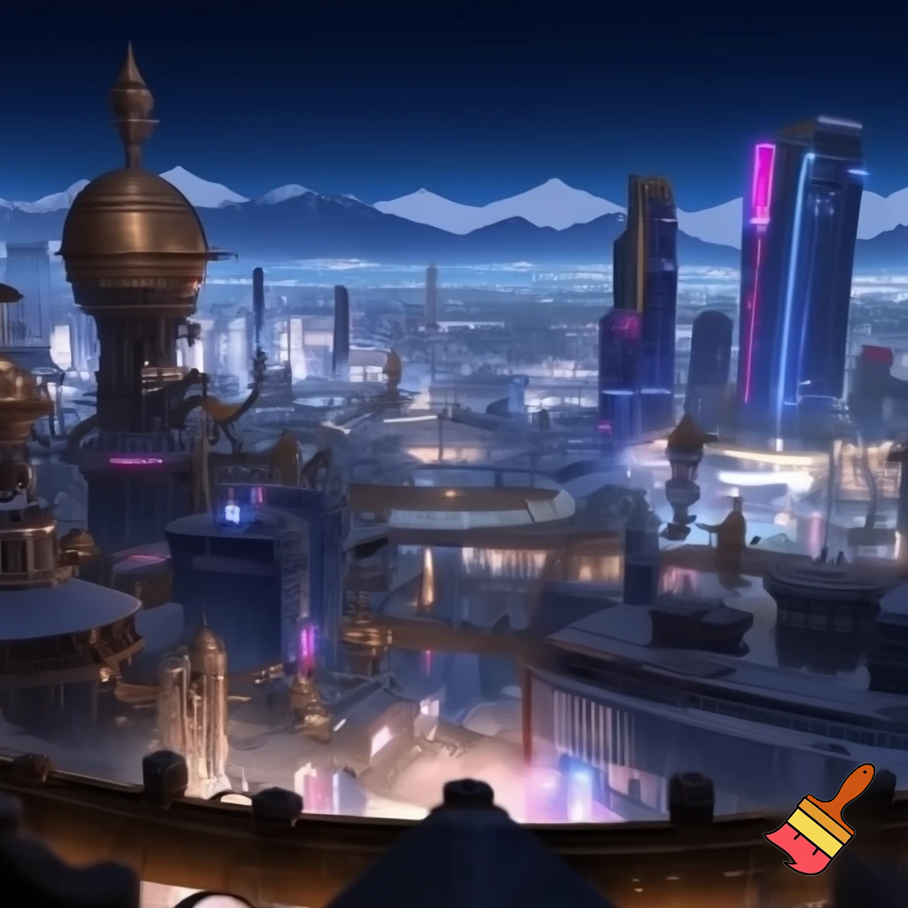 create a landscape background 



Style: anime teaser, a mix of cyberpunk, steampunk and ethno motifs (PUNKVERSE)



Palette: deep cool neon blues/purples + warm brass-copper range for steampunk elements + white-snow accents in the background.



Description: Almaty at night, view from the roof (transition from Scene 7), but now without characters. An empty landscape.



Action: Focus on the city.



Visual: A scene on the roof / generalized observation deck of the city.