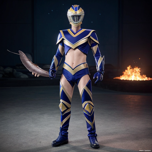 A midnight blue Mighty Morphin ranger with megalodon like features on the helmet and the spine in the full body like a picture of the full body