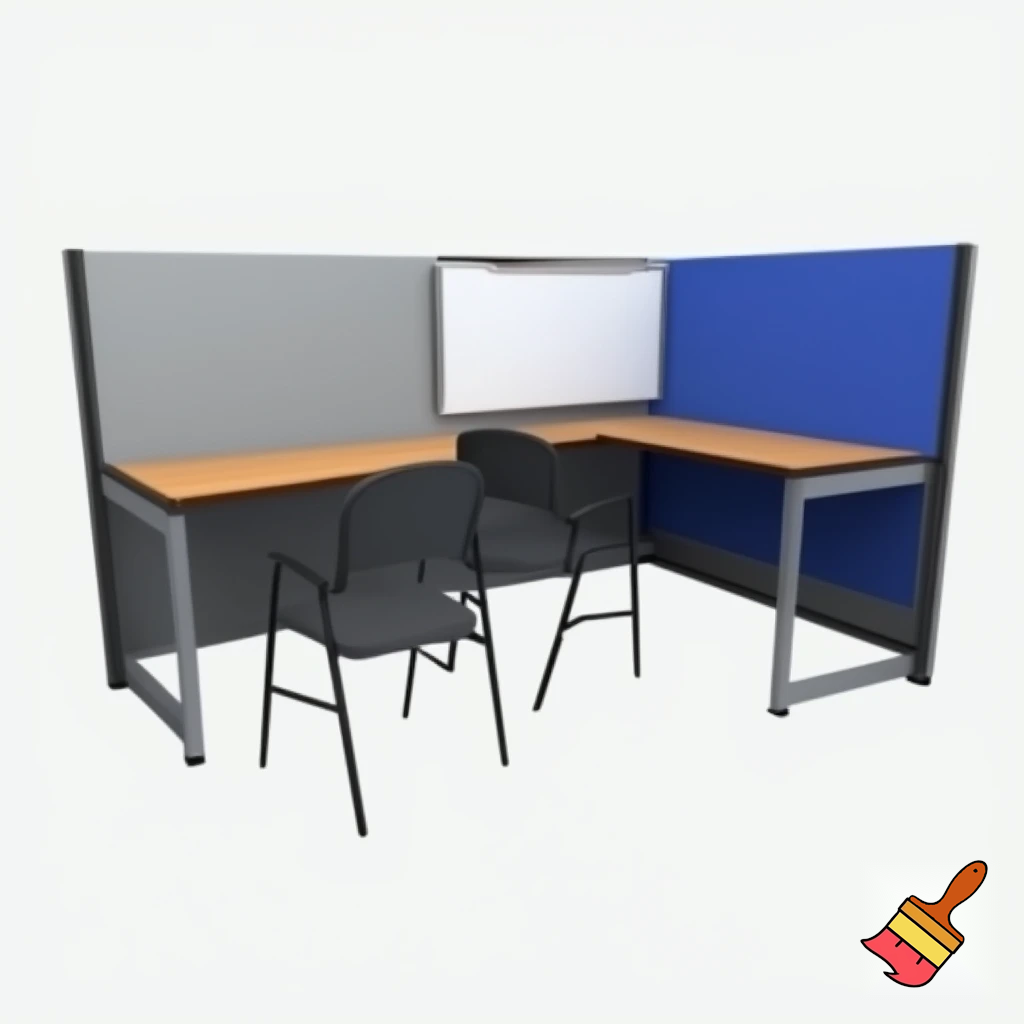 en arbejdsstation , som består af 2 væg 1,5 m høje ( på den ene - er whiteboard, på den anden - en skærm), med et klapbord på den ene side af hver væg, 2 stole på begge sider af hvert klapbord