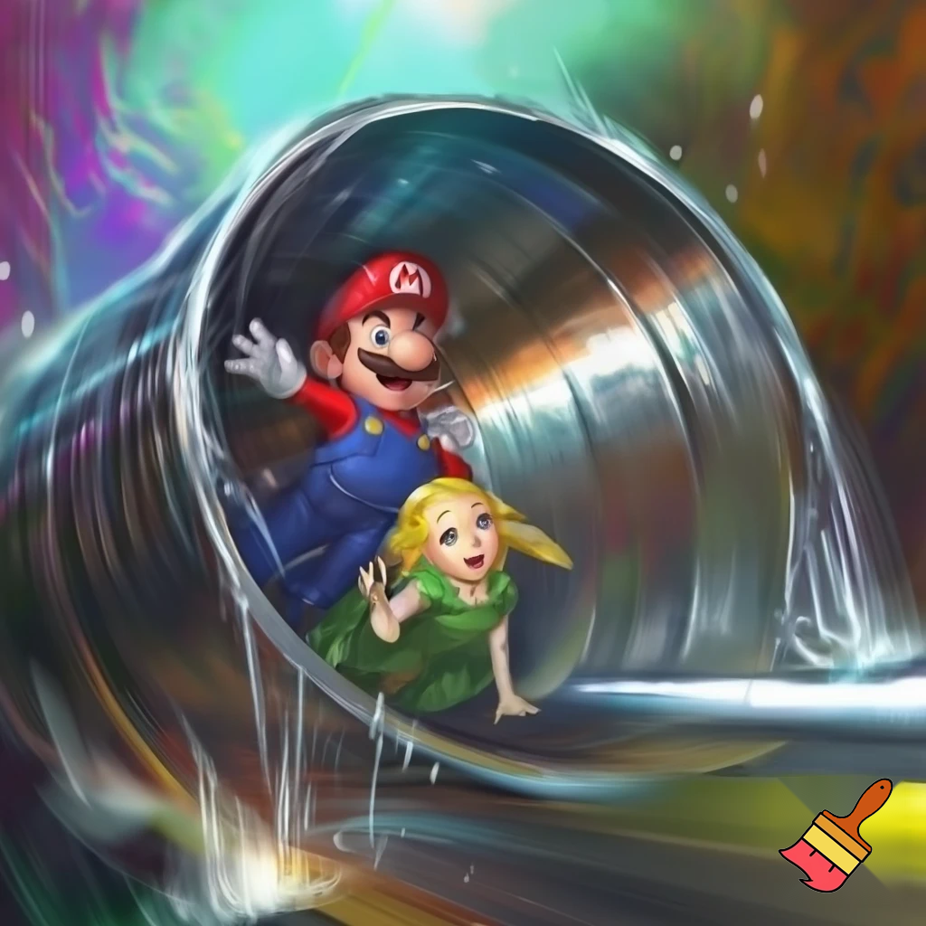 Mario sliding down a metal tube with zelda, the tube is wet
